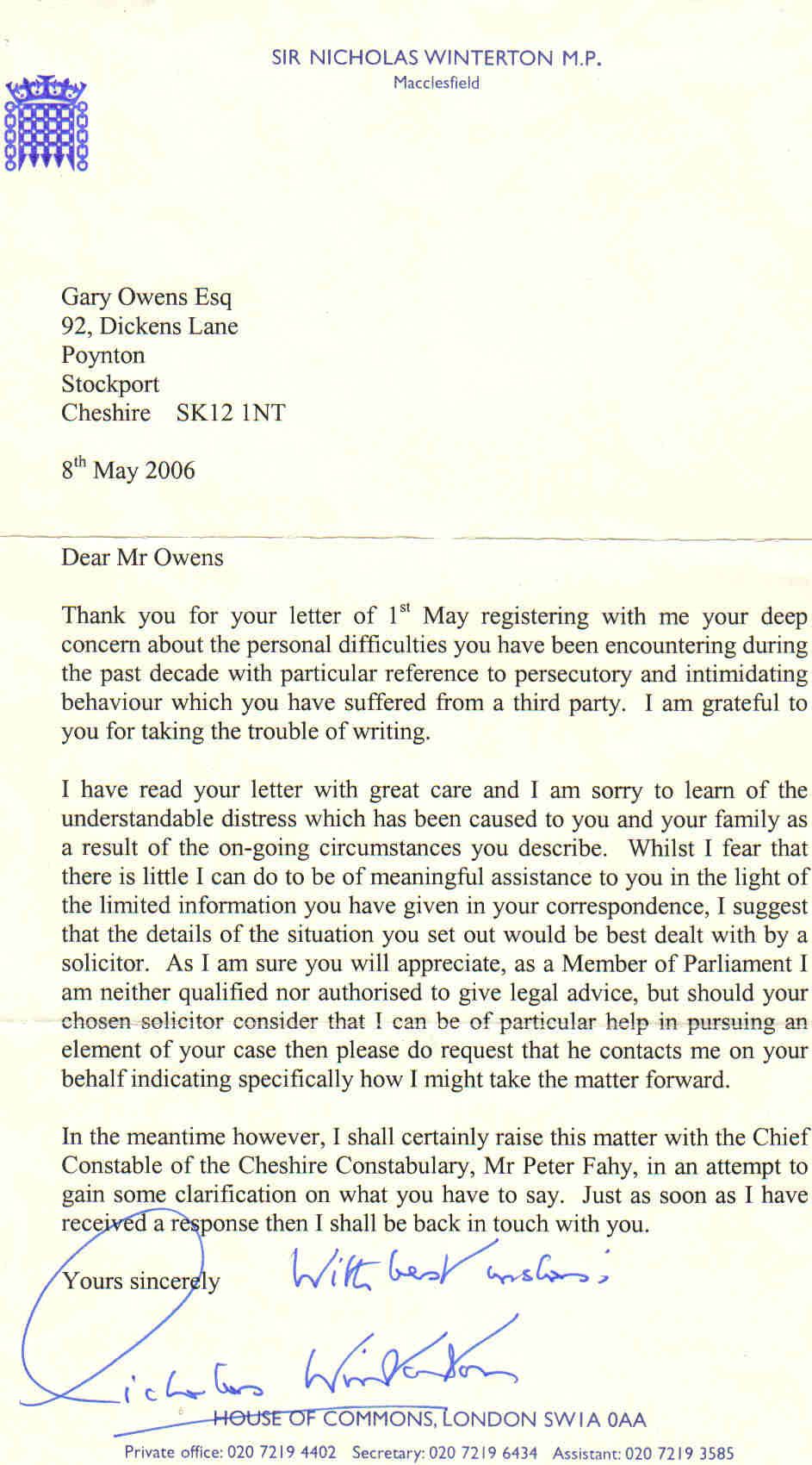 2006-nic winterton-letter - The Gary Owens Story Mason Gang Stalking, Targeted Individual, Freemason Gangstalking, Voice To skull, V2K, Mind Control